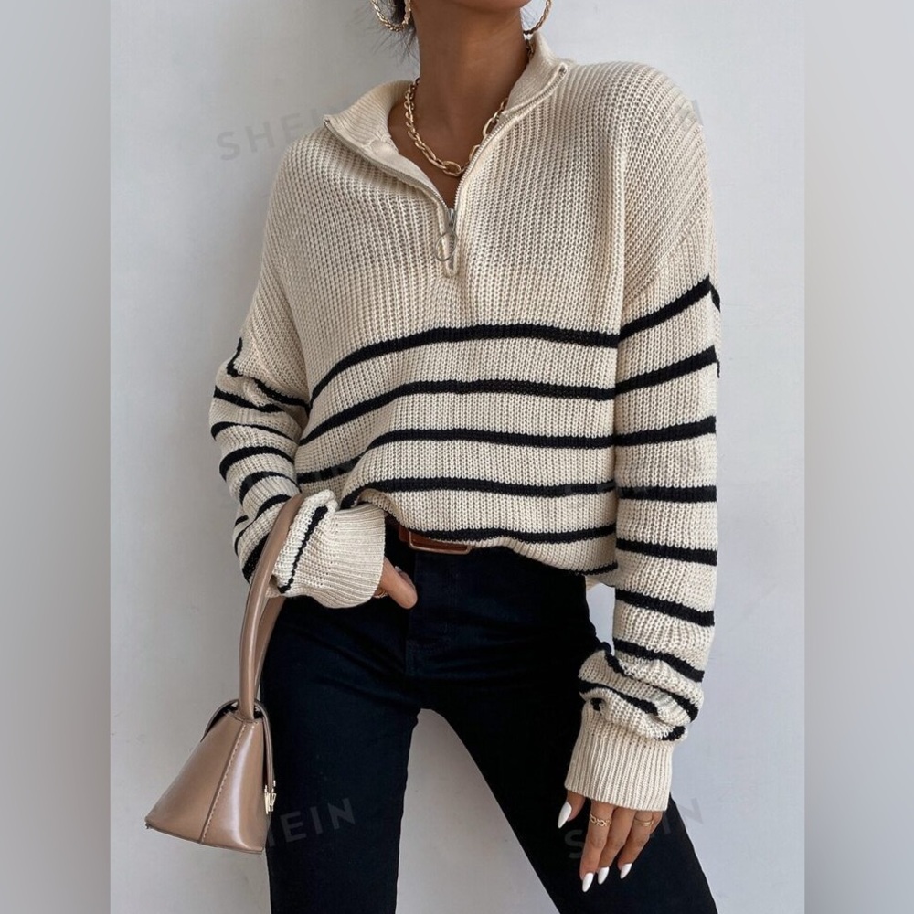 Frenchy Striped Drop Shoulder Zipper Front Sweater - Like New!